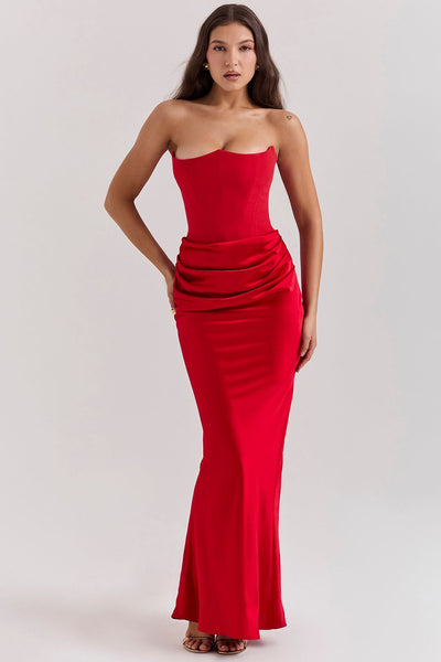 Jade Saten Straplez Maxi Elbise