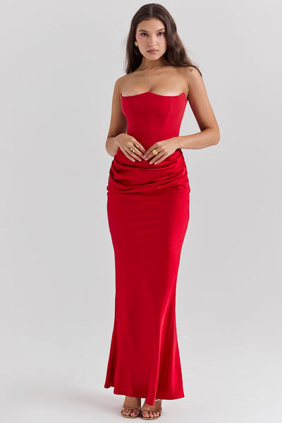 Jade Saten Straplez Maxi Elbise