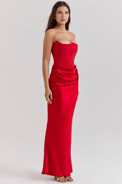 Jade Saten Straplez Maxi Elbise