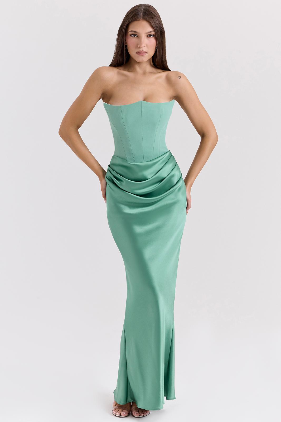 Jade Saten Straplez Maxi Elbise