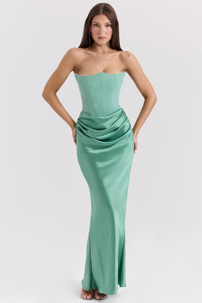 Jade Saten Straplez Maxi Elbise