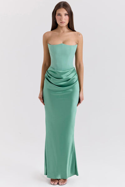 Jade Saten Straplez Maxi Elbise
