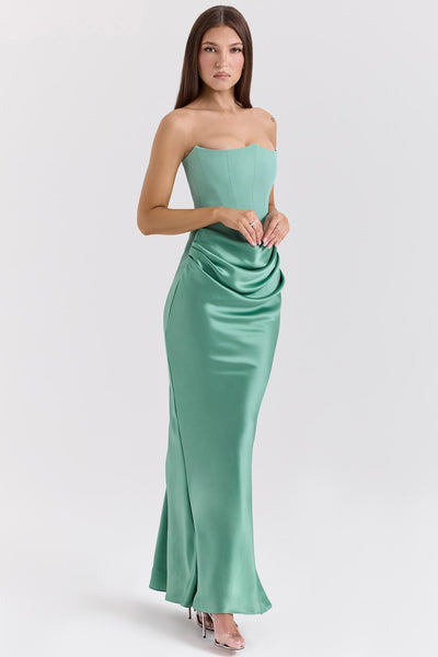 Jade Saten Straplez Maxi Elbise