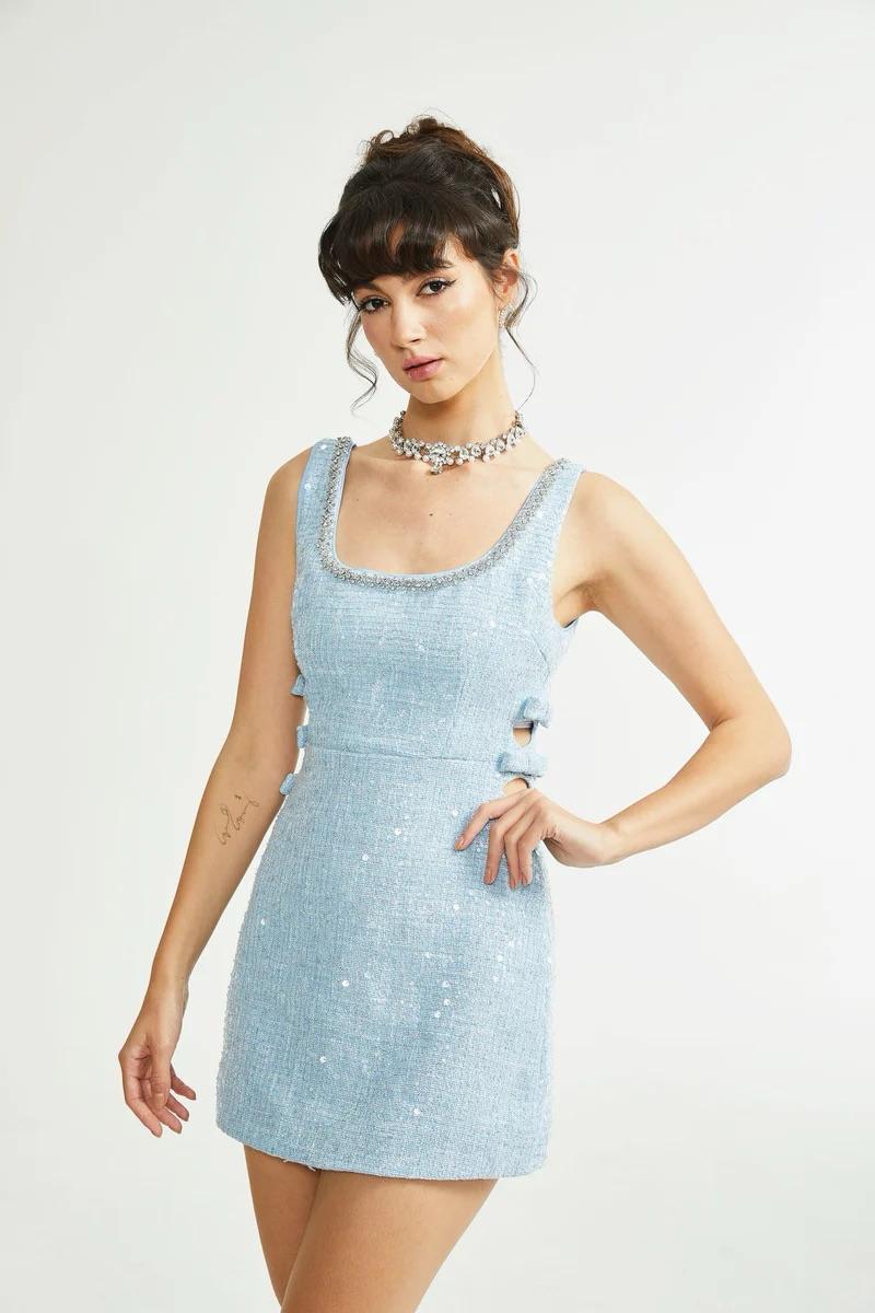Manon Mavi Pullu Mini Elbise